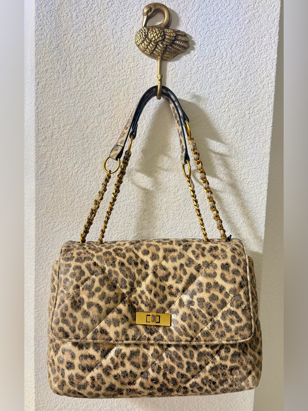 Steve Madden Leopard Print Quilted Shoulder Bag with Gold Hardware